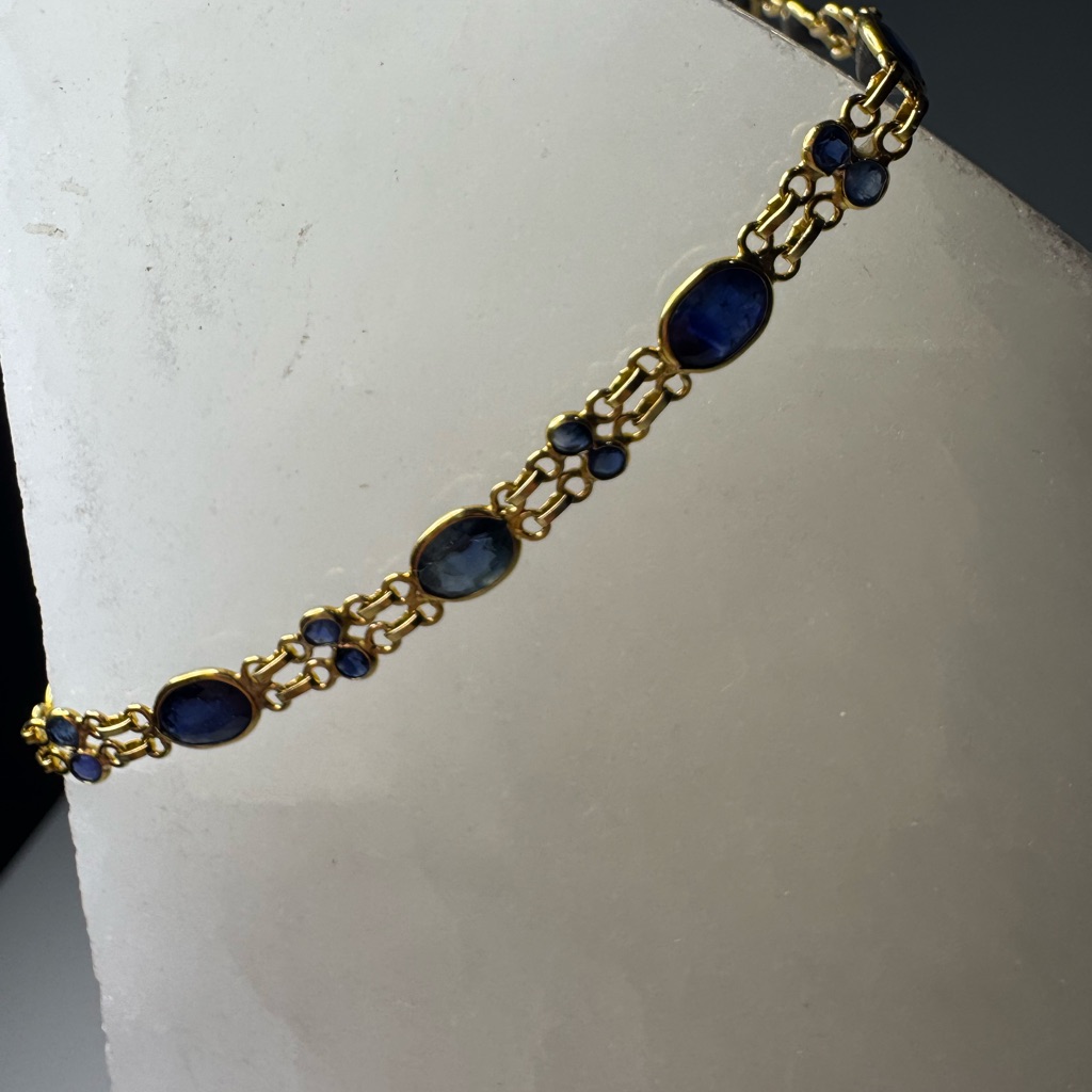 14k Solid Gold Vintage Bezel Set Topaz Gemstone Tennis Bracelet 7.5” 3.6g